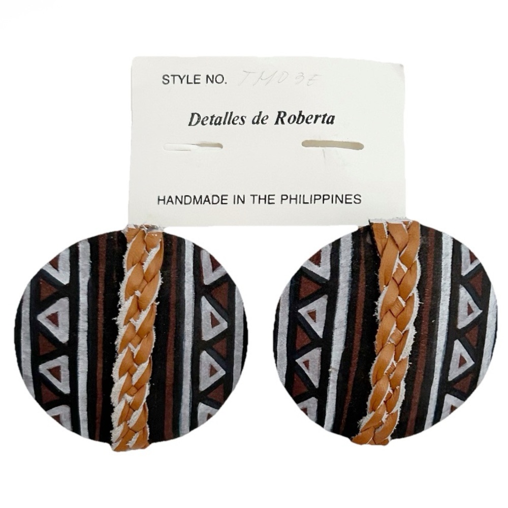 Handmade in Philippines Large Round Earrings Brown Orange Braid Geometric Stripe